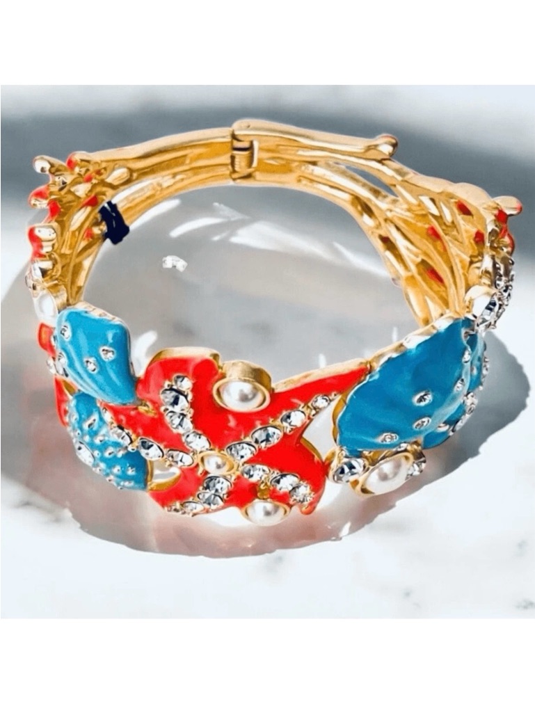 Nwt Piper Gorgeous Gold Coral Blue Crystal Pearls Cuff Hinged Starfish Bracelet 54$